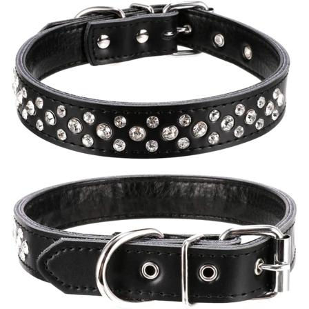 Rhinestone-koiranpanta, säädettävä kiiltävä kristalliyksityiskohtainen aito nahkainen lemmikkikoiranpanta pienille ja keskisuurille koirille (M, musta