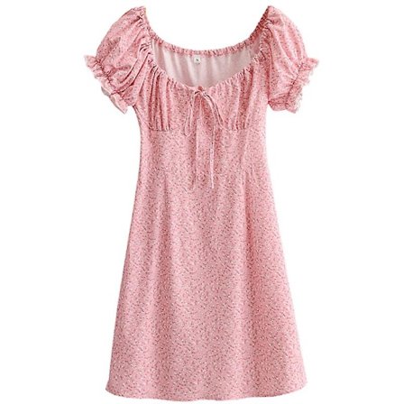 Stor Rund Hals Blomstrete Rosa Kortermet Kjole med Høy Midje