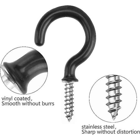 30 stk. Vinyl Skrue-i Kroge Plastbelagte Loftskroge til Indendørs og Udendørs - 1/2'' Sort