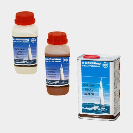 Pacchetto per teak con lucentezza persa Höveling Golden Teak (Pulitore per teak + Ripristinatore per teak + Sigillante per teak)