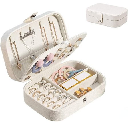 Hvid - Smykkeæske, lille rejse smykkeæske til kvinder, til opbevaring af ringe, øreringe, halskæder, armbånd, med poleringsklud til sølv