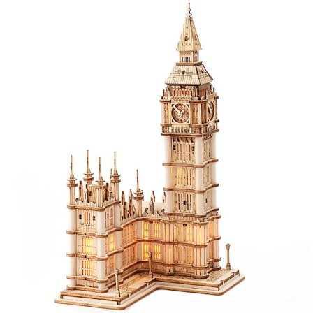 3D-trepuslesett i tre med bro og klokketårn, modellsett for håndverk, hjemmeinnredning, DIY-modellsett med lys, pedagogiske leker med LED-lys