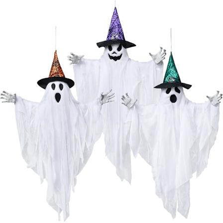 3-pakke 63 cm hengende spøkelsesdekorasjoner, halloween hvitt spøkelse med hatter for spøkelseshus kirkegårdsscene, skummel innendørs- og 