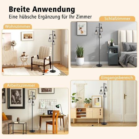 Industriell golvlampa med 3 burskärmar, 169 cm, svart