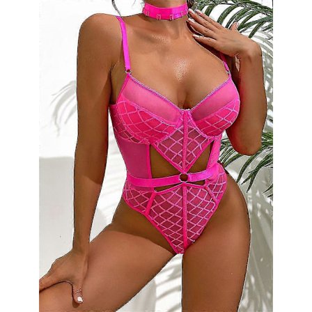 Rosa Rutete Dame Body Choker Spaghettistropp Ryggløs Mesh Frekt Antrekk Neon Sterkt Undertøy Erotisk 2 Deler