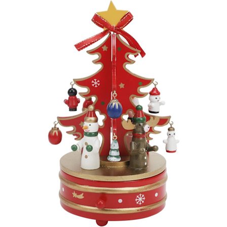 Rød karrusel spilledåse med 4 figurer, roterende juletræ i træ med optræk