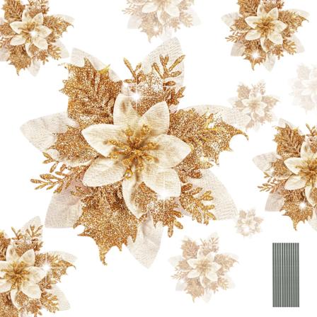 12 stk Glitter Kunstige Julerosa Blomster med Stilker for Bryllup Jul Tre Nyttår Ornamenter Julekrans Krans Dekorasjoner Light Gold-14CM