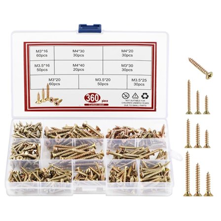 (360 stk.) Treskruesett, skruesett, selvborende skruer for koblingsbokser, leveres med oppbevaringsboks