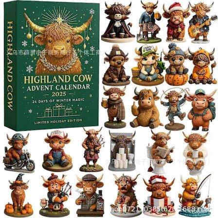 2025 Highland Cow Adventskalender, 24-dagers julekalender, Leveres med 24 forskjellige 3D miniatyr Highland Cow dekorasjoner (FMY)