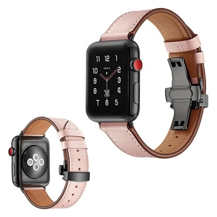 Apple Watch Series 5 44mm kestävä aitoa nahkaa oleva ranneke - Musta Solki / Pinkki
