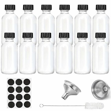 12 stk. Glasflasker med låg og 2 rustfri ståltragte 2 Oz 60 ml, Små gennemsigtige glasflasker til drikkevarer, juice, sundhed, ingefærshots-FF-