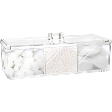 Kvadratisk Q-tips Holder Dispenser, 3 Rom, Klar Akrylbeholder med Lopp for Baderomsinnredning