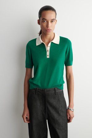 COS Women's Shrunken Wool Blend Polo Shirt in Green