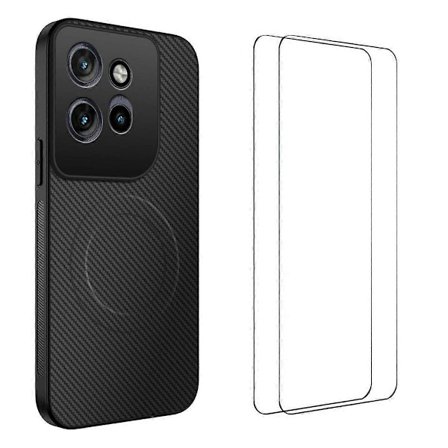 Til Motorola Edge 50 Neo 5G Magnetisk Etui WANLONFENG TQ1 Serie Kulfibertekstur PC TPU Telefoncover med 2 stk. Skærmfilm Sort