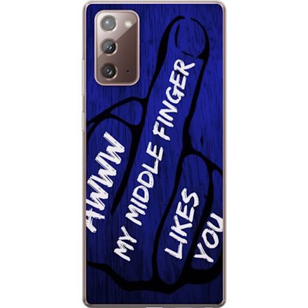 Kompatibelt Mobildeksel til Samsung Galaxy Note20 Mørk typografisk illustrasjon med hjerteform og budskap om vennskap mot dyp blå tretekstur