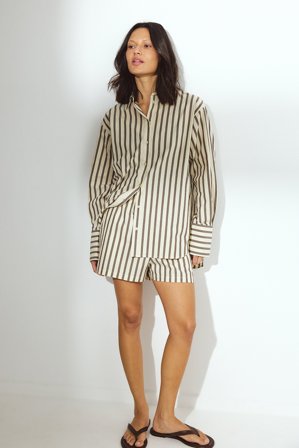 NA-KD Striped Elastic Waist Cotton Shorts - Sommersæt - Brun/Stribet - EU 44