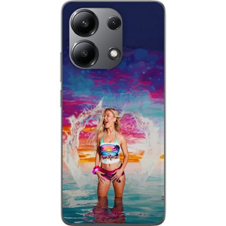 Yhteensopiva Puhelinkuori Xiaomi Redmi Note 13 4G Vaalea nainen kirjavia rantavaatteita pelaa meressä auringonlaskun aikaan