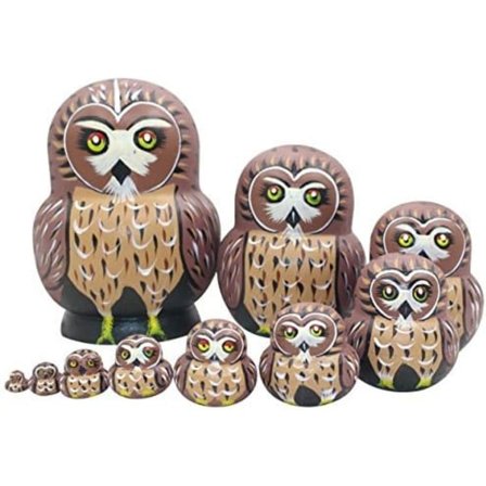 Set med 10 st söta uggla djur tema trä stapelbara nesting dockor handgjorda ryska dockor barn present leksak