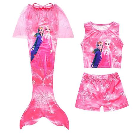 Pige Mermaid Cosplay Bikini Badedragt Frozen Elsa Printet Top Shorts Fiskehale 3st/sæt Badetøj Rose Red 6-7 År