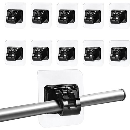 10-osainen poraamaton verhotanko, musta, itseliimautuvat läpinäkyvät tankopidikkeet, itseliimautuvat koukut verhotangoille, keittiöön, kylpyhuoneeseen