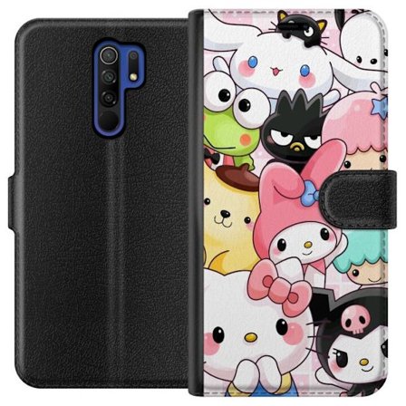 Kompatibelt Lommeboketui til Xiaomi Redmi 9 Tett mønster av søte figurer med store øyne i ulike farger og uttrykk med LABUBU-tekst