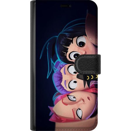 Kompatibelt Plånboksfodral till Samsung Samsung Galaxy A56 HuntrX Trio Selfie motiv med tre tjejer i närbild lekfull futuristisk KPopstil med glans