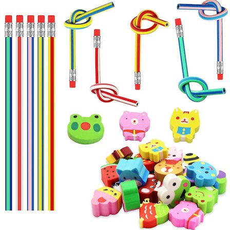 30 st Partypåsefyllmedel för barn, 10 st mjuka flexibla böjbara pennor och 20 st tecknade djur suddgummin
