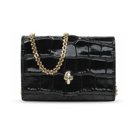 Alexander McQueen, Skull Motif Crocodile Effect Shoulder Bag Zwart, Dames, Maat:ONE Size