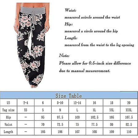 Kvinnors blommiga mönstrade vida ben långa byxor, pyjamasbyxor, casual byxor, strandbyxor (svart, M)