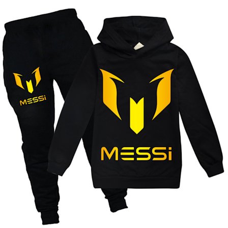 7-14 år Messi barn tonåringar fotboll hoodies träningsset huvtröjor + byxor Svart Svart