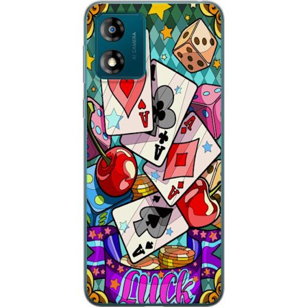 Motorola Moto E13 Gennemsigtig cover Lucky Hands spillekort terninger kirsebær og farverig baggrund i pop art stil retro casino design