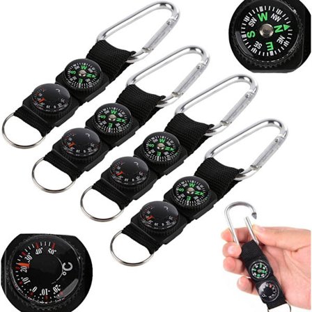 4-osainen - 3-in-1 retkeilykompassi - avaimenperä lämpömittarilla - musta