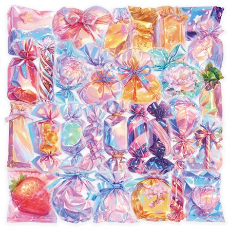 100-pakke Fantasy Klistermærker | 7 Temaer PET-dekaler | Vandtæt Dekoration til Laptop, Vandflaske, Kuffert (Crystal Candy)