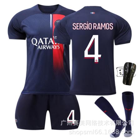 23-24 Paris Hjemme Børnefodboldtrøjesæt med Strømper og Beskyttere-Nr.4 SERGIO RAMOS#18 No.4 SERGIO RAMOS #18