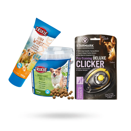 Trixie - SETT MED STARMARK KLICKER DELUXE, TRIXIE LEVERPATÉ TUBE 110G & SNACK BALLS FUGL 500G