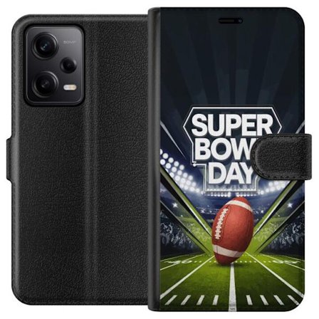 Yhteensopiva Lompakkokotelo Xiaomi Redmi Note 12 Pro Super Bowl Day juliste, jossa amerikkalainen jalkapallo valaistuksella varustetulla areenalla dra