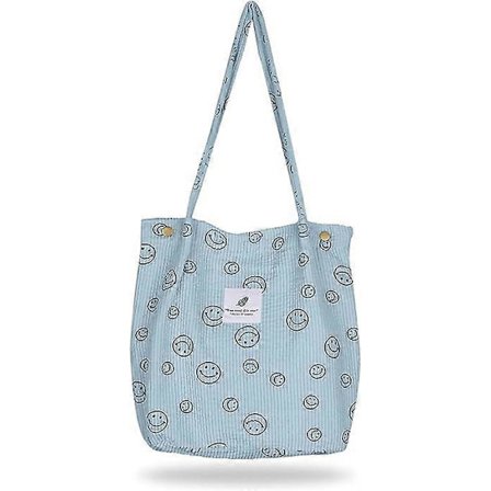 Dame Corduroy Tote Taske Smiley Face Casual Tote skuldertaske til kvinder Håndtaske Stor Kapacitet Skuldertaske skole crossbody (Lyseblå)