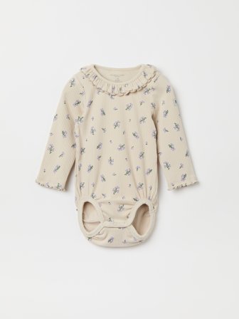 Polarn O. Pyret - Floral bodysuit ribbed and ruffled - 62 - Childrenswear - beige