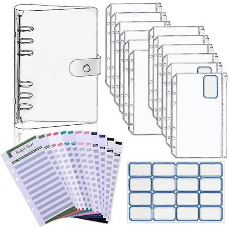 A6 Budget Binder Vandtæt Kontantbudget Kuvertsystem Med 12 stk. Gennemsigtige Lynlåskuverter, 12 stk. Budgetark og 16 stk. Etiketklistermærker