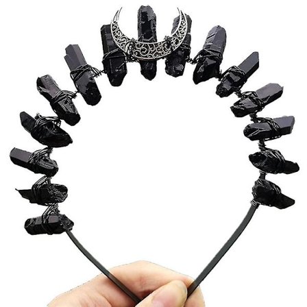 Rå krystall tiara krone pannebånd, svart kvarts rhinestone månegudinne heks hodeplagg kvinner jenter