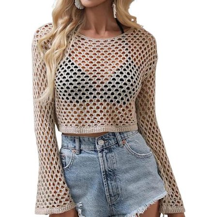 Heklet, hul strikket genser for kvinner, crop tops, langermet genser, cropped
