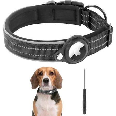 Polstret hundehalsbånd til AirTag, reflekterende hundehalsbånd med AirTag, integreret AirTag til små, mellemstore og store hunde -