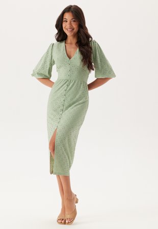Bubbleroom - Broderie Anglaise Puff Sleeve Dress - Light green - Kläder