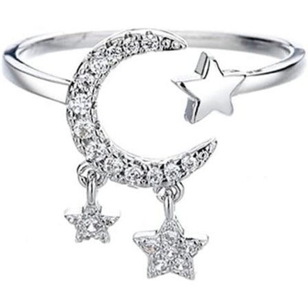 2 st Crescent Moon Star Öppna Ringar för Kvinnor Cubic Zirconia Dangle Tassel Justerbar Stapelbar Statement Knuckle Finger Ring Present Fashion Gåvor