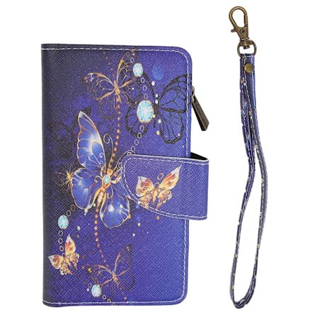 iPhone 12 Pro Fodral Lila Fjäril Design Mobiltelefonfodral med Handledsrem Dragkedja Väska