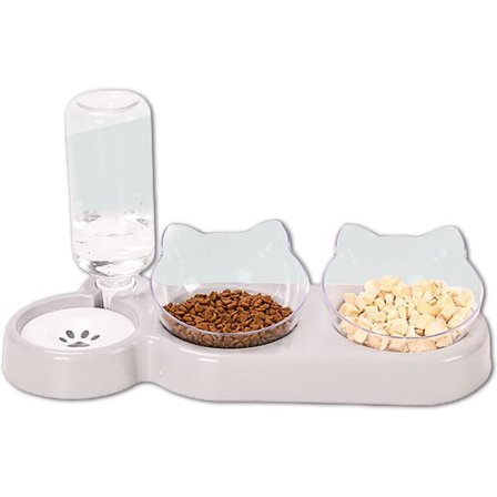 3-i-1 Kattesætskål med stativ, dobbelt kæledyrsskål med vanddispenser, mad og vand til små og mellemstore hunde