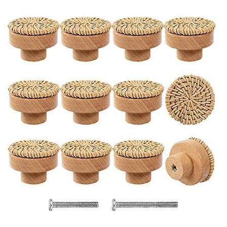12 stk Boho Rattan Kommode Knapper - Holdbar Bøg Træ Skuffe Knapper Håndlavet Flettet Viklet Træk Med 2