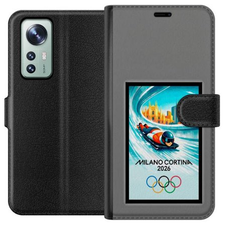 Yhteensopiva Lompakkokotelo Xiaomi 12 Dynaaminen kelkkailija tai skeleton-ajaja jääkanavalla Milanon Cortina 2026 kanssa, kaupunkinäkymä ja olympialai