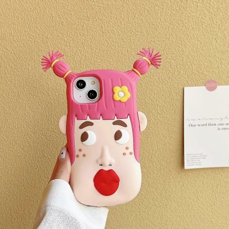 iPhone 14 Plus Deksel Kawaii, Søt 3D Tegneserie Kul Rosa Vakker Jente med Blomst Myk Silikon Støtsikker Beskyttende Deksel Morsomt for Kvinner Jenter