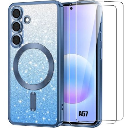 Cover til Samsung Galaxy A57 5G, Silikone med Magnetisk Cirkel - Blå - 2 Hærdede Glas